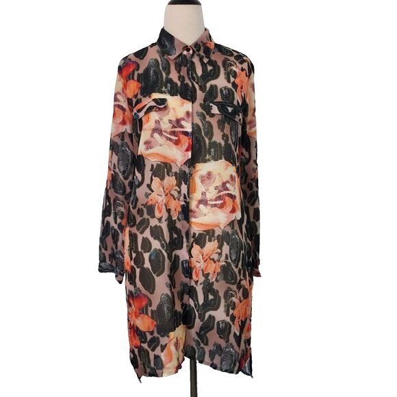 Tango Mango Tunic Dress size Small High Low Sheer Watercolor Floral Button Up - Picture 1 of 12